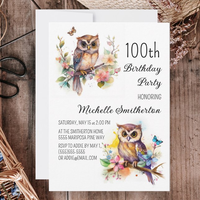 Owl Spring Blumen Schmetterlinge 100. Geburtstag Einladung (Von Creator hochgeladen)