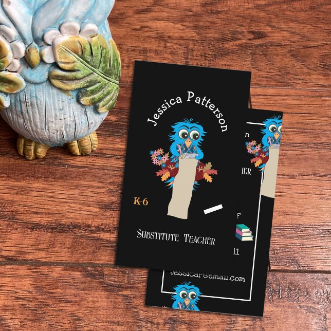 Owl Sub Teacher Black Vertical Business Cards Visitenkarte (Blue owl substitute teacher double-sided vertical business cards .
)