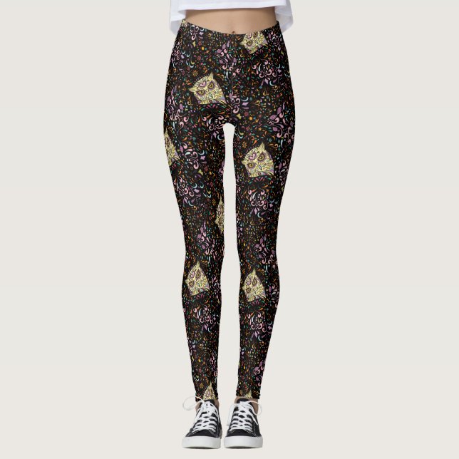 Owl Sugar Skull und Pink Lila Blue Minze Leggings (Vorderseite)