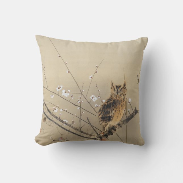 Owl und Frühe Pflaumenblüten Kissen (Vorderseite)