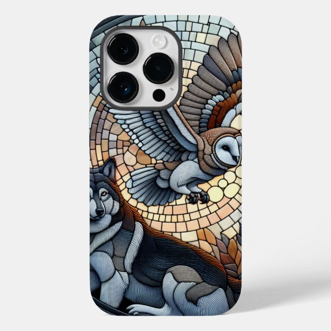 Owl und Wolf Mosaic Ai Art Case-Mate iPhone 14 Pro Hülle (Rückseite)