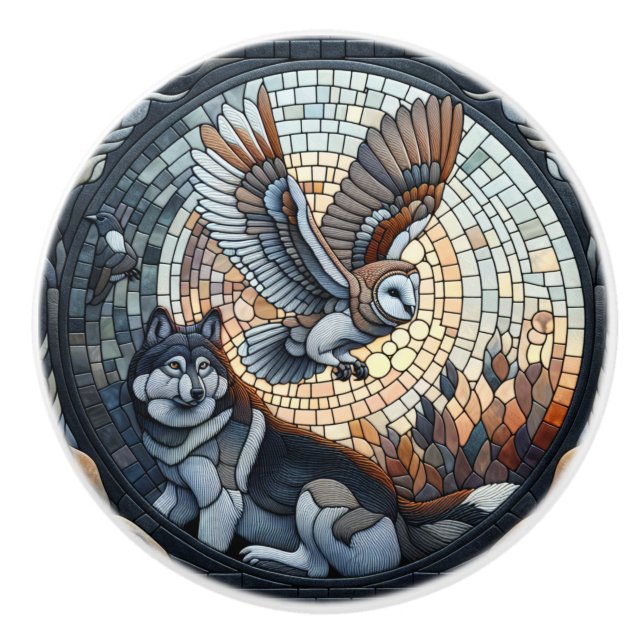 Owl und Wolf Mosaic Ai Art Keramikknauf (Vorderseite)