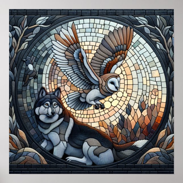 Owl und Wolf Mosaic Ai Art Poster (Vorne)