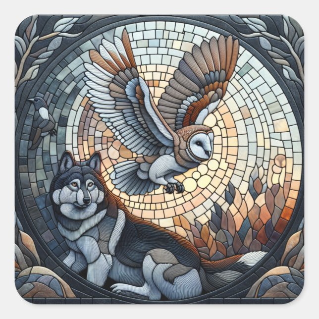 Owl und Wolf Mosaic Ai Art Quadratischer Aufkleber (Vorderseite)