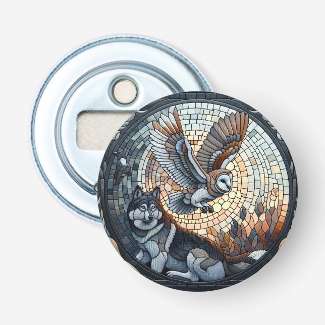 Owl und Wolf Mosaik Naturei Kunst Flaschenöffner (Vorderseite)