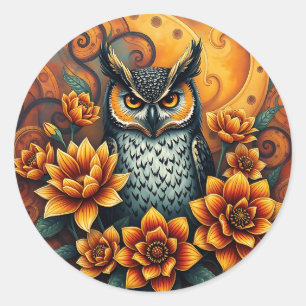 Owl unter lebendigen Blume Runder Aufkleber