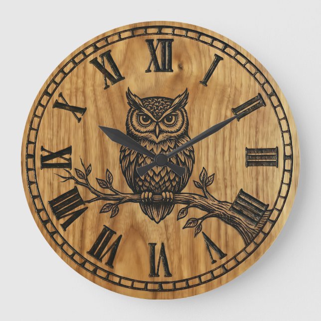 Owl Wall Clock - Wooden Style Design Große Wanduhr (Vorderseite)
