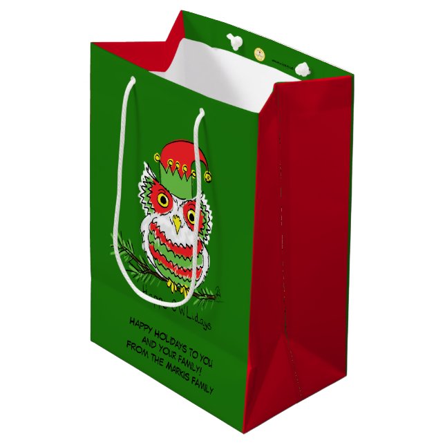 Owl Weihnachten Niedlich Funny Holiday Mittlere Geschenktüte (Vorderseite Schrägansicht)