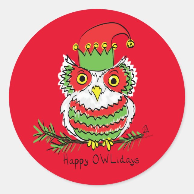 Owl Weihnachten Niedlich Funny Holiday Runder Aufkleber (Vorderseite)