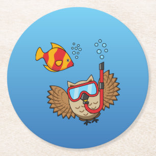 Owl with Snorkel Mask and Tropical Fish Runder Pappuntersetzer