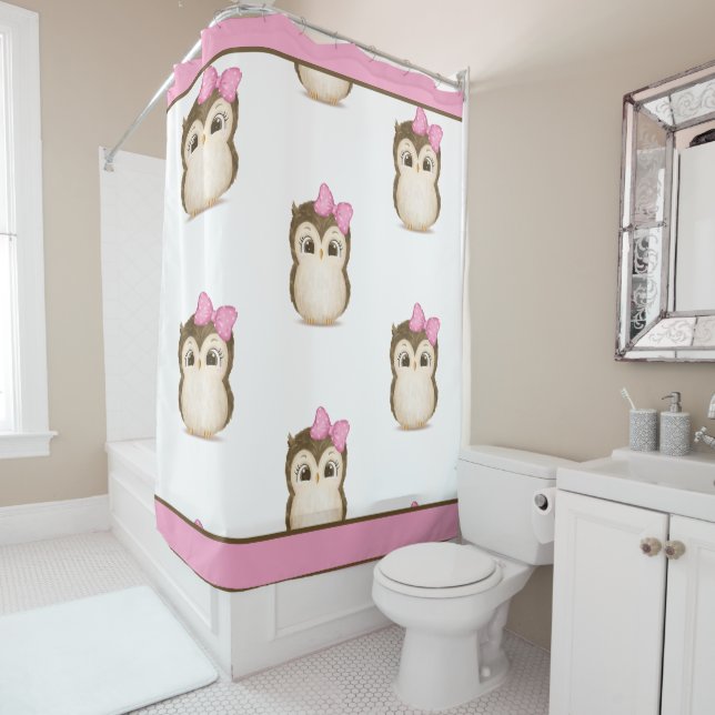 Owl Woodland Animals Aquarell Pink Niedlich Duschvorhang (Beispiel)