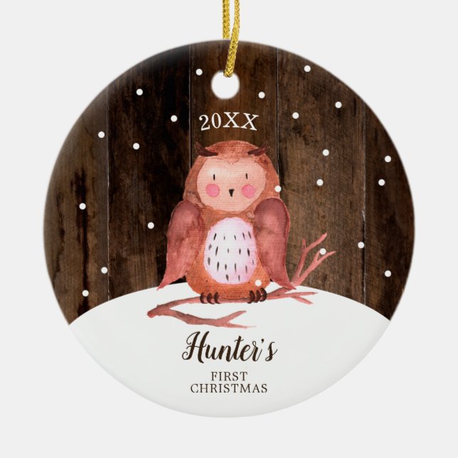 Owl Woodland Personalisiert Baby's First Christmas Keramik Ornament (Vorne)