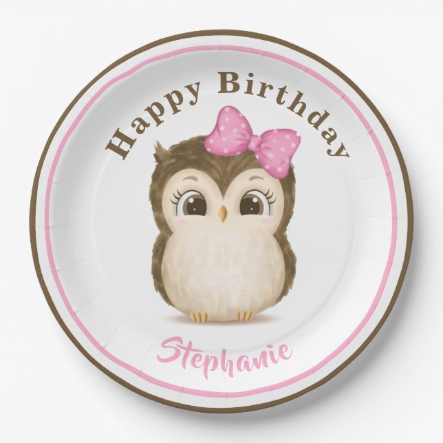 Owl Woodland Wasserfarbe Rosa Geburtsname Pappteller (Vorderseite)