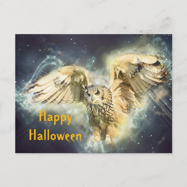 Owl Yellow Wings Spread Graphic Halloween Postkarte (Vorderseite)