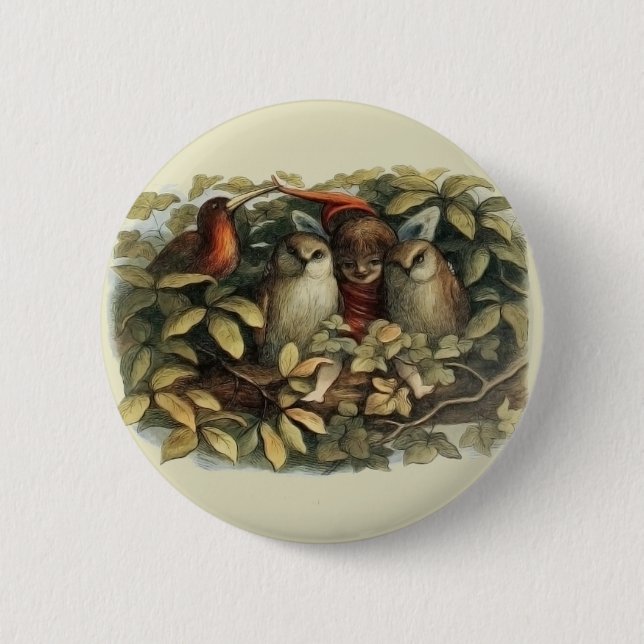 Owls and Elf Fairies Nature Rich Illustration Button (Vorderseite)
