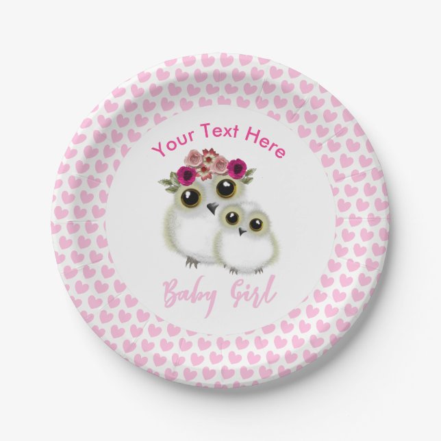 Owls Baby Shower Girl Pink Whimsical Personalisier Pappteller (Vorderseite)