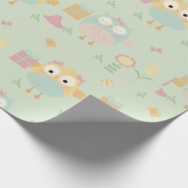 Owls Birthday präsentiert grüne blaue Blumen Einfa Geschenkpapier (Ecke)