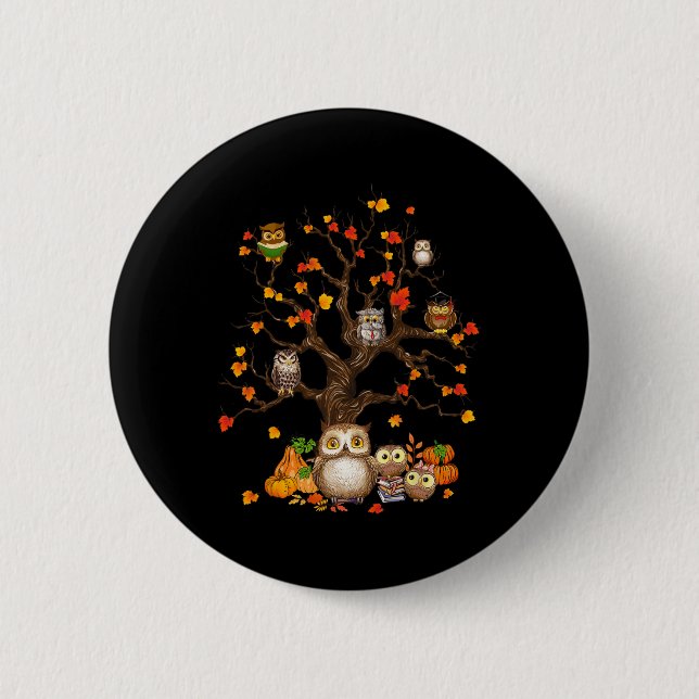 Owls Blätter Tree Herbst Kürbiskürbis Halloween Ow Button (Vorderseite)
