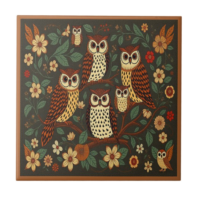 Owls Forest Animals Earthy Tones Rustic Boho Fliese (Vorderseite)