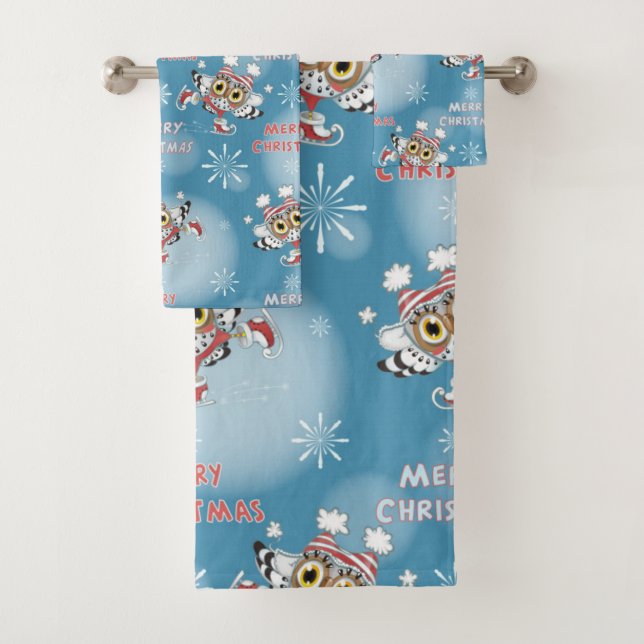 Owls Ice Skaten Weihnachtsmuster Badhandtuch Set (Insitu)