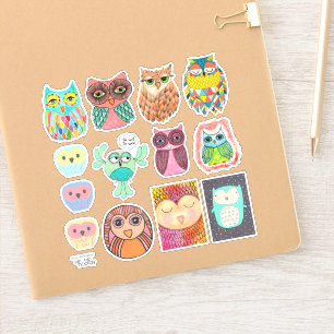 Owls Illustration Zeichnend Art Vinyl Sticker Set