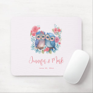 Owls in Love Sitting on a Tree Branch Wedding Mousepad