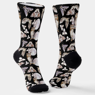 Owls Moths Full Moon On Black Socken