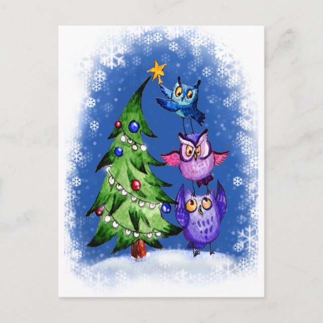 Owls Weihnachtsblau Feiertagspostkarte (Vorderseite)
