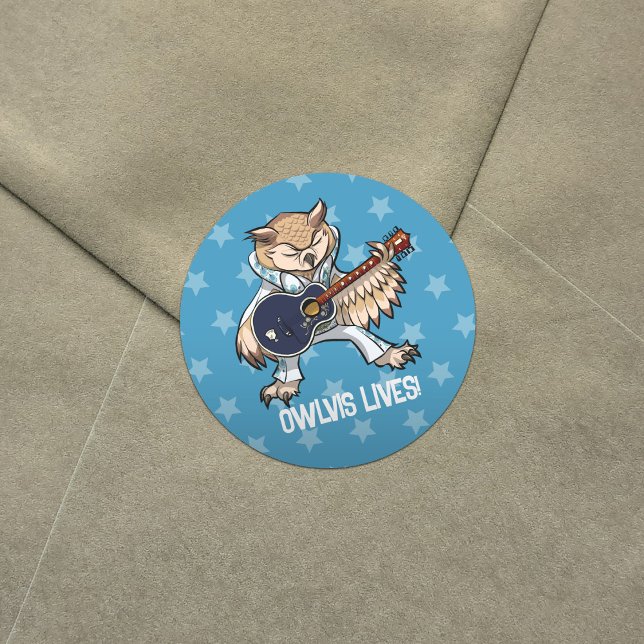 Owlvis lebt! Gitarrenschale im Jumpsuit-Cartoon Runder Aufkleber (Von Creator hochgeladen)