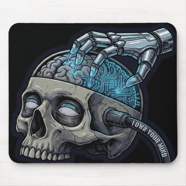 Own Your Mind – Cyberpunk Skull Brain Upload Mousepad (Vorne)