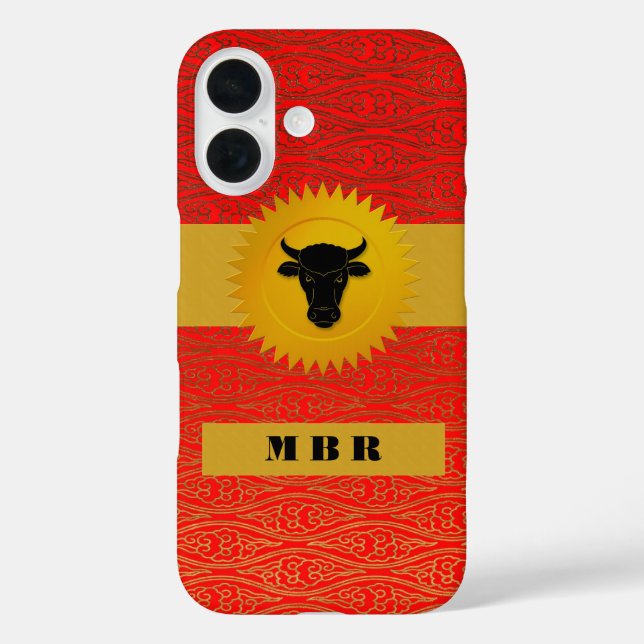 Ox Chinesisches Zodiac-Tier mit Monogramm in Rot iPhone 16 Hülle (Rückseite)
