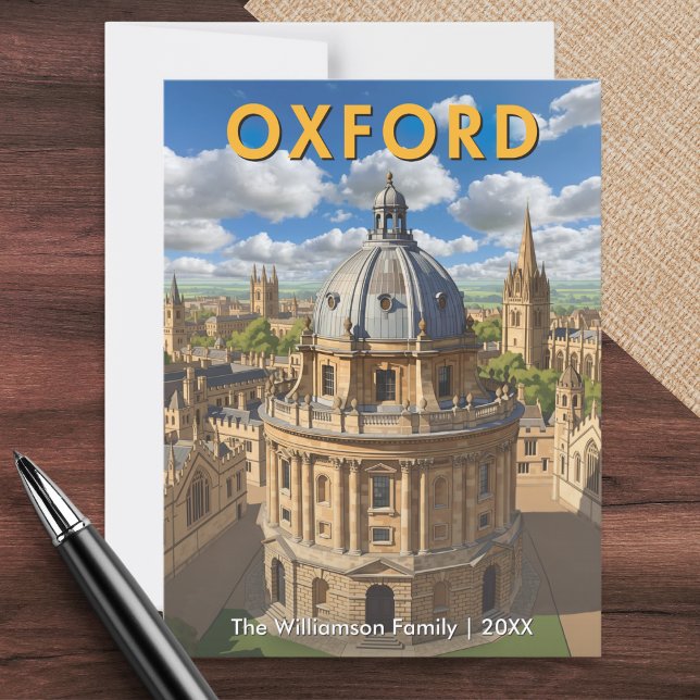 Oxford Skyline Radcliffkamera Retro Personalisiert Postkarte (A personalized postcard featuring the city of Oxford, UK inspired by mid-century travel poster style)