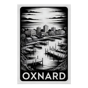 Oxnard California Skyline Schwarz Weiß Holzschnitt Poster