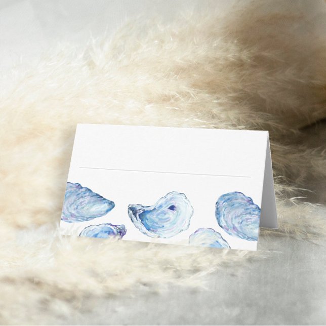 Oyster Blue Watercolor Beach Wedding Lined Platzkarte (Blue Oyster Watercolor blank place card with line for writing names)