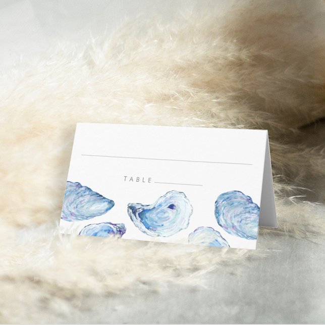 Oyster Blue Watercolor Beach Wedding Lined Platzkarte (Oyster Wedding Folded Place Cards with elegant blue watercolor illustration from Concertina Press)