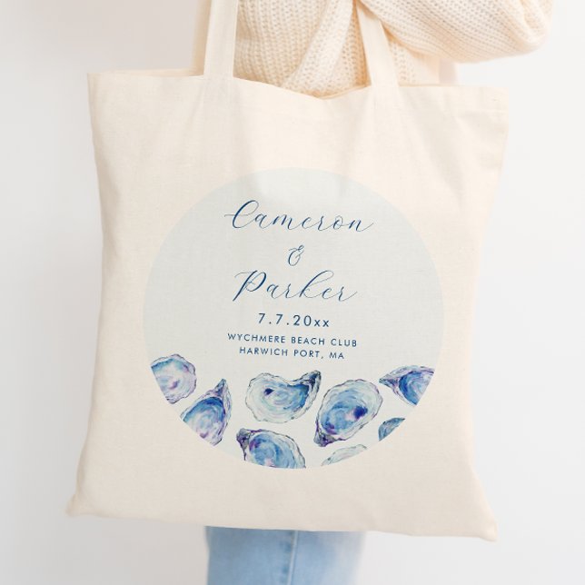 Oyster Blue Watercolor-Gastgeschenk Hochzeit Tragetasche (Oyster Wedding Tote bag for an elegant blue watercolor wedding favor or coastal wedding welcome bag )