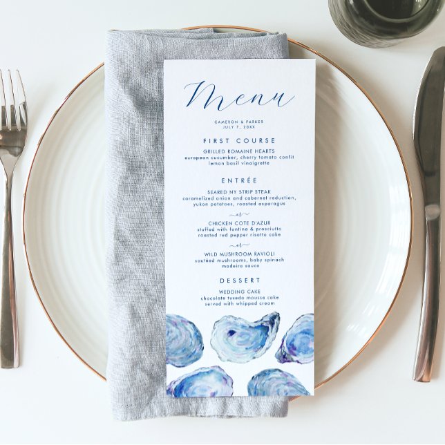 Oyster Blue Watercolor Wedding Menükarte (Oyster Wedding Menu with three meal options and Elegant blue watercolor oyster shell illustrations)