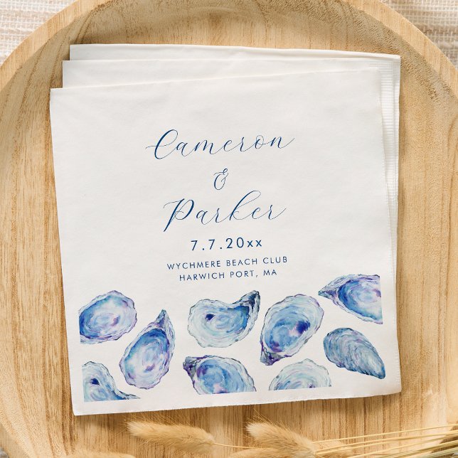 Oyster Blue Watercolor Wedding Serviette (Personalized Oyster Wedding Napkins for an elegant blue coastal wedding from Concertina Press)