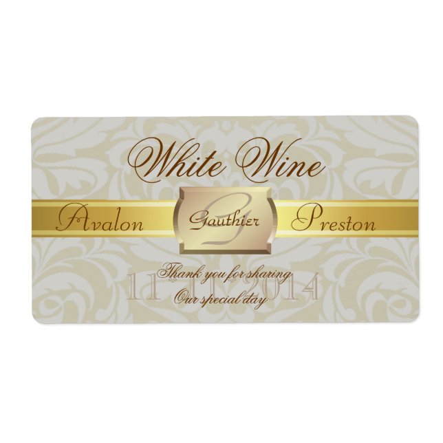 Oyster Damask Gold Monogram Wedding Wine Label (Vorne)