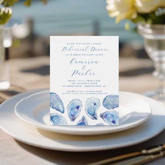 Oyster Lässig Wedding Probe Blue Watercolor Einladung (Oyster Casual Wedding Rehearsal Dinner Invitation in elegant blue watercolor from Concertina Press)