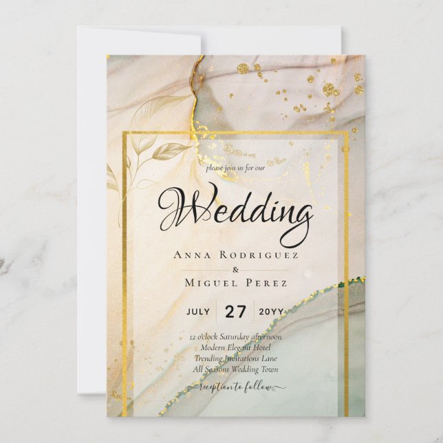 Oyster Pearl Gold WEDING Alkoholtink Abstrakt Einladung (Vorderseite)
