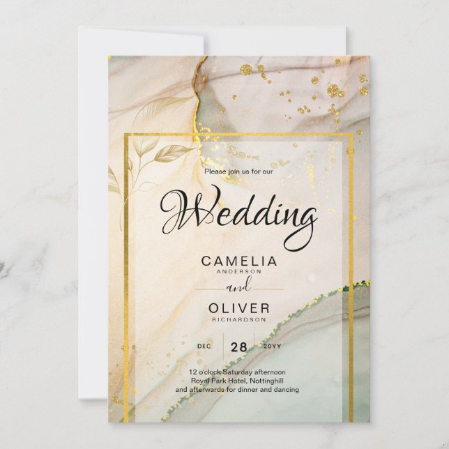 Oyster Pearl Gold WEDING Alkoholtink Abstrakt Einladung (Vorderseite)