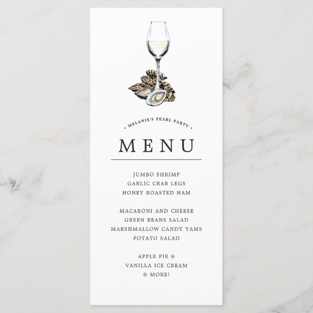 Oyster Pearl Party| Graues Thema Menükarte (Vorderseite)