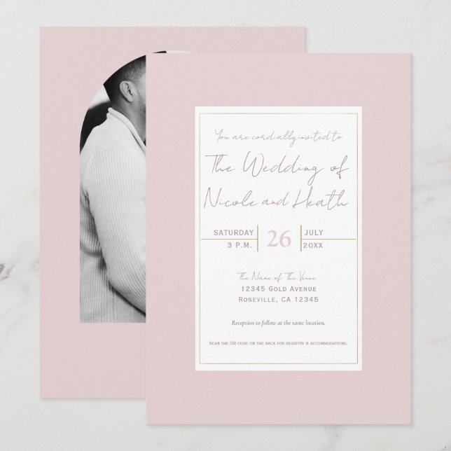 Oyster Pink & Gold Moderne Minimale Hochzeit Einladung (Vorne/Hinten)