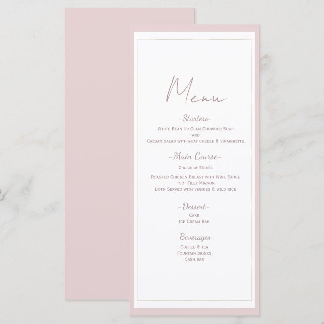 Oyster Pink & Gold Modernes Minimales Hochzeitsmen Menükarte (Vorne/Hinten)