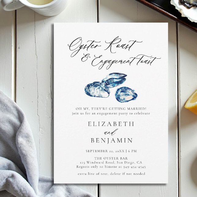 Oyster Roast Blue Watercolor Chic Engagement Party Einladung (nautical engagement invitation oyster party coastal seaside yacht boat beach water blue watercor)