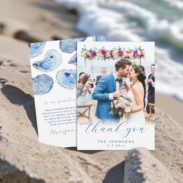 Oyster Watercolor Beach Hochzeitsflat Foto Dankeskarte (Oyster Wedding Thank You Cards with elegant blue watercolor illustration and photo. Concertina Press)