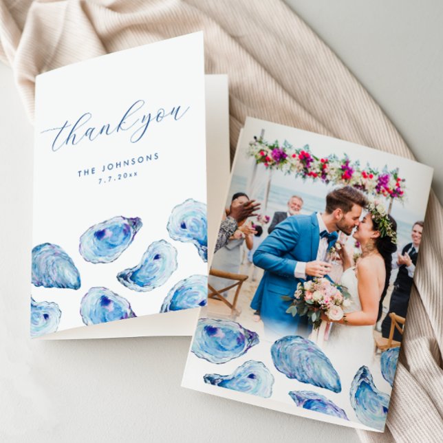 Oyster Watercolor Beach Hochzeitsgefaltetes Foto Dankeskarte (Blue Watercolor Oyster Folded Thank You Card with Wedding Photo and inside message. Concertina Press)