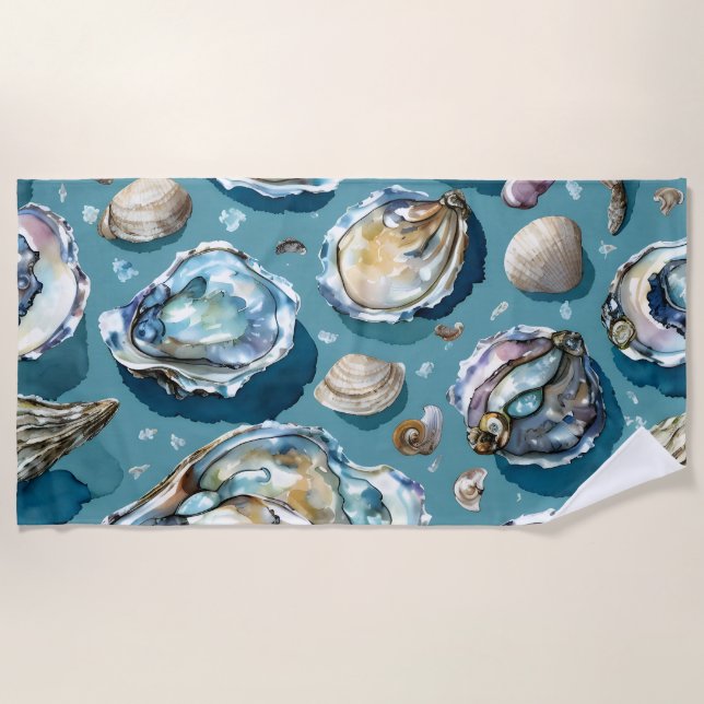 Oysters Clams Seashells Muster Blau Strandtuch (Vorderseite)