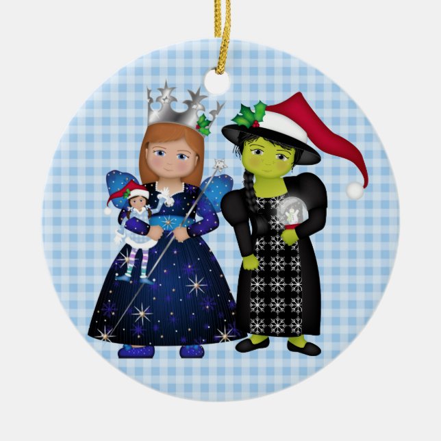 Oz-einige frohe Weihnachts-Glinda und Wicked Hexe  Keramik Ornament (Vorne)